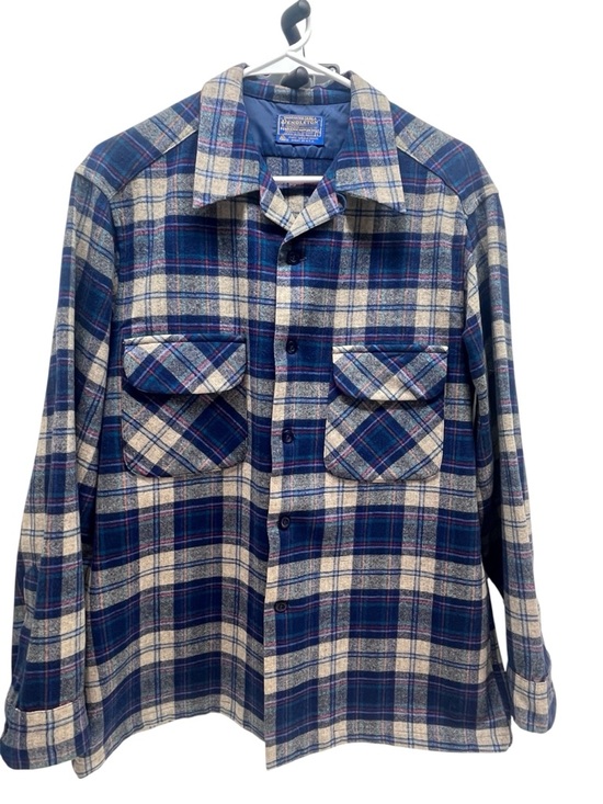 Pendleton Other - Pendleton Navy, Cream & Red Plaid Wool Shirt Mens Large Loop Collar